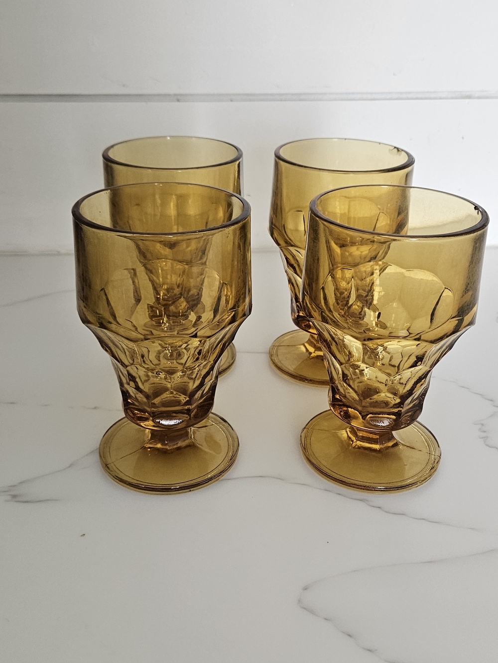 Vintage Amber Anchor Glass Footed Tumblers Textured Stemmed Glasses Set Of 4